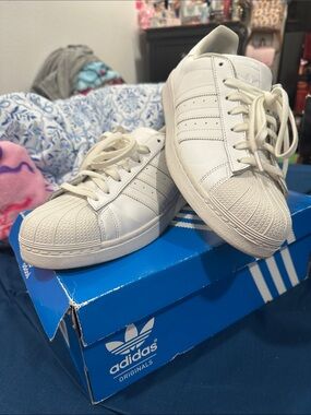 adidas White Leather Shell-Toe Sneakers